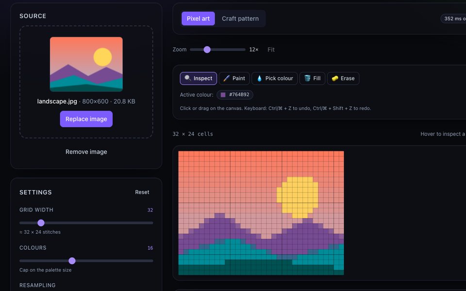 The generator turning a sunset landscape into a 32 by 24 pixel grid